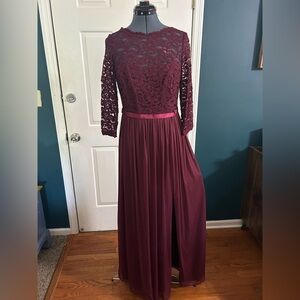 David's Bridal Burgundy Lace Evening Gown